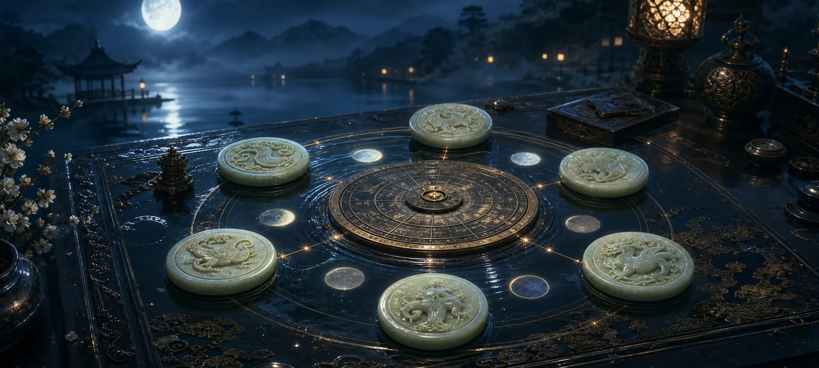 六枚古玉符围绕铜制时盘与水纹星光排列的小六壬课式场景