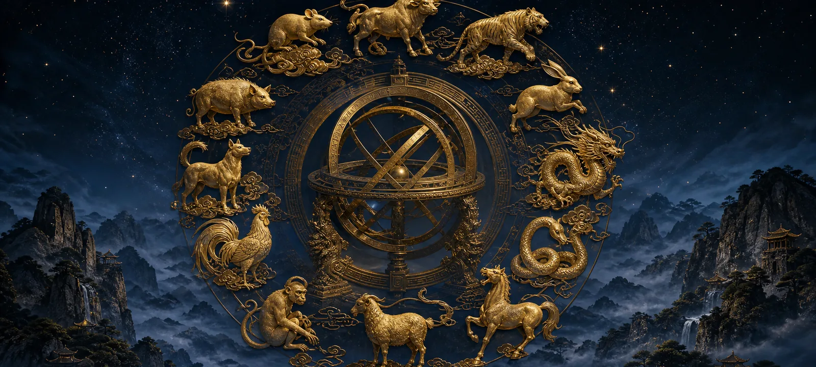 十二生肖金色浮雕环绕浑仪与云海山河的东方星象场景