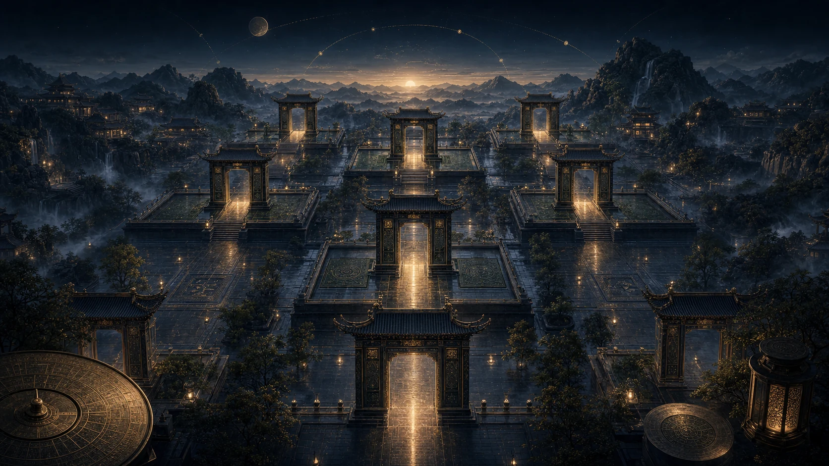 九重古门沿金色路径通向远山晨光的奇门时空研读场景