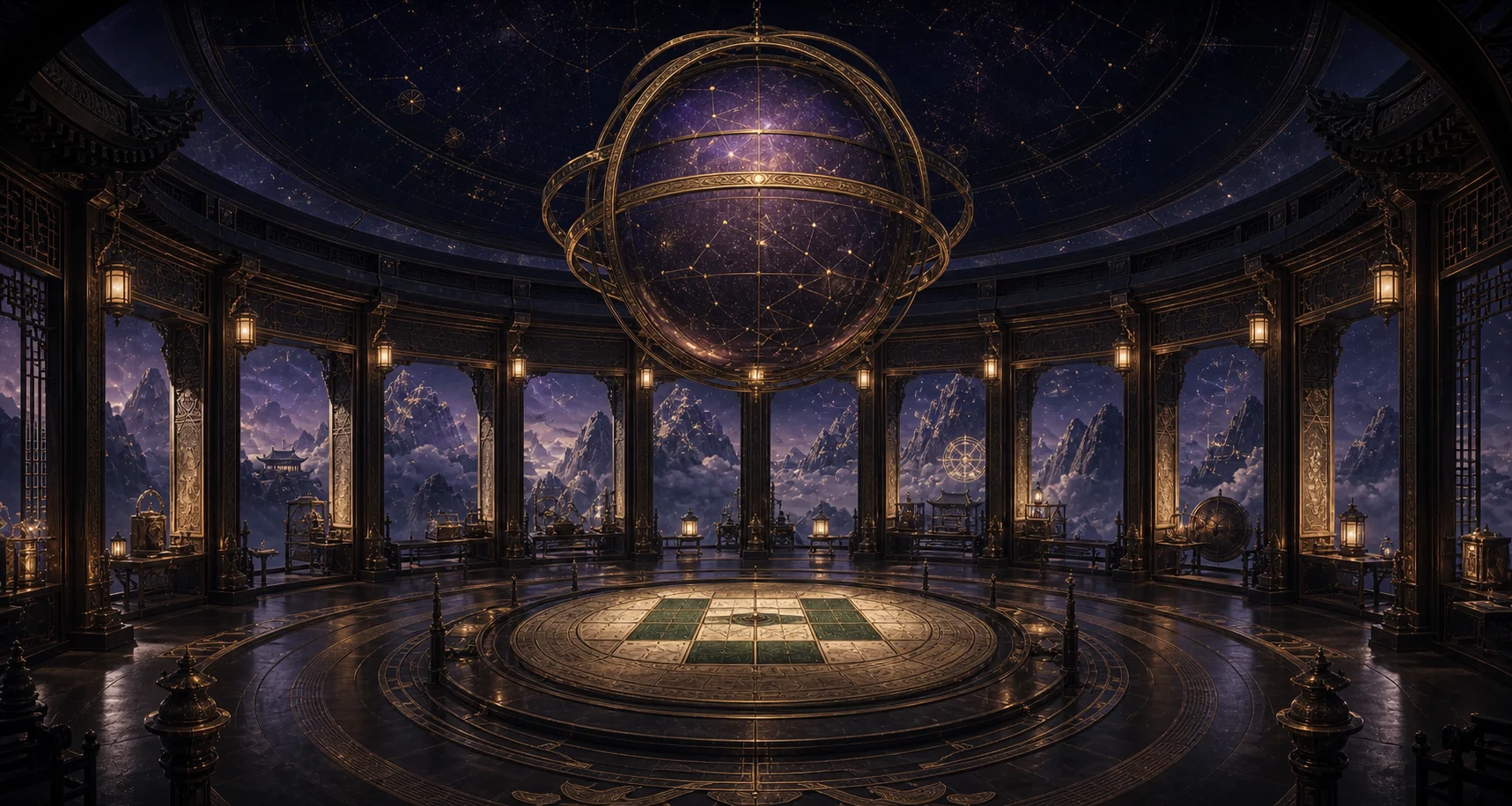 紫金星球悬于十二宫观象殿中的紫微斗数研读场景