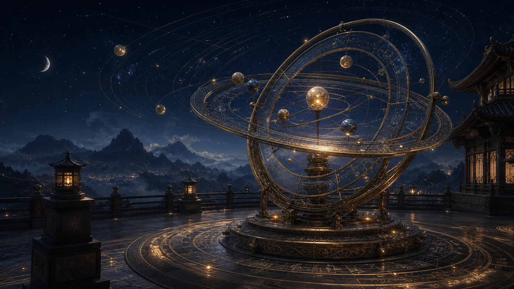 金色行星仪与深蓝星空构成的西方占星研读场景