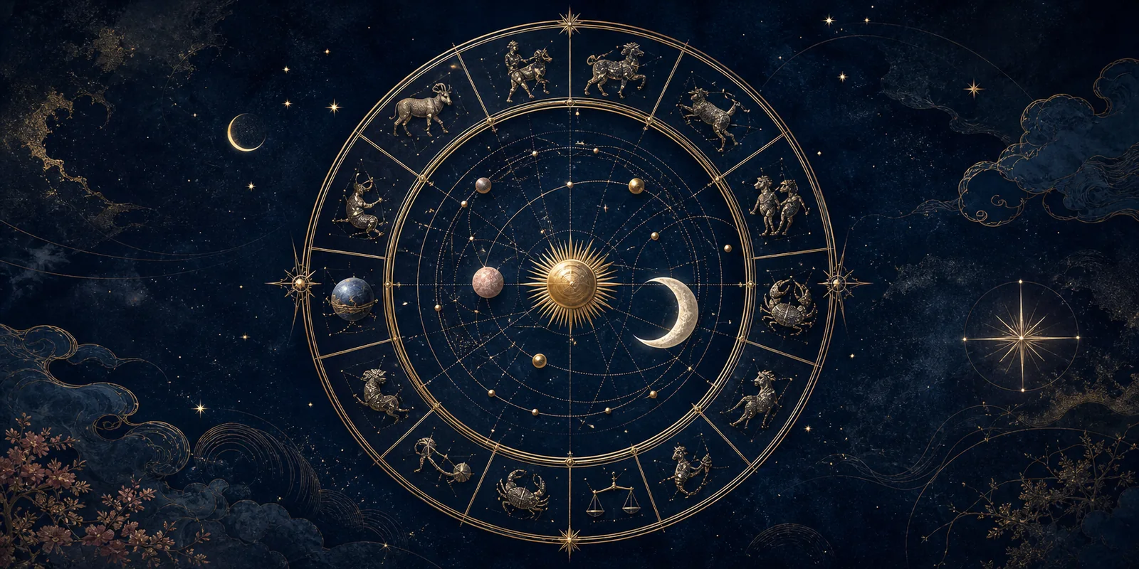 太阳月亮与十二星座环绕的本命星盘插画